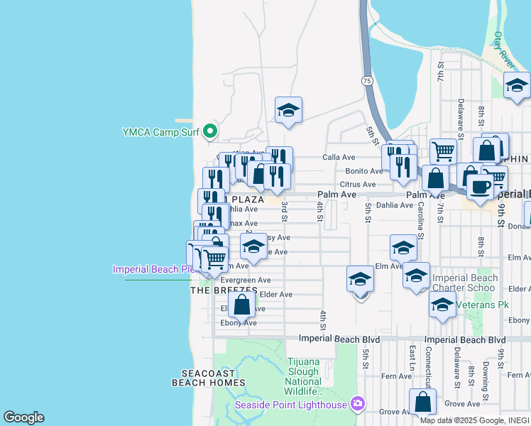 map of restaurants, bars, coffee shops, grocery stores, and more near 231 Dahlia Avenue in Imperial Beach