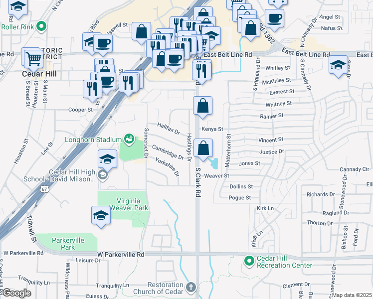 map of restaurants, bars, coffee shops, grocery stores, and more near 400 Hastings Drive in Cedar Hill