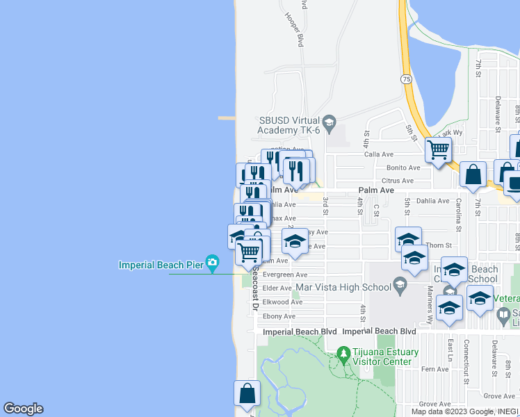 map of restaurants, bars, coffee shops, grocery stores, and more near 729 Seacoast Drive in Imperial Beach