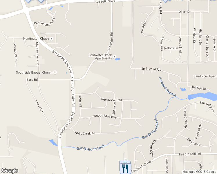 map of restaurants, bars, coffee shops, grocery stores, and more near 86 Satilla Lane in Warner Robins