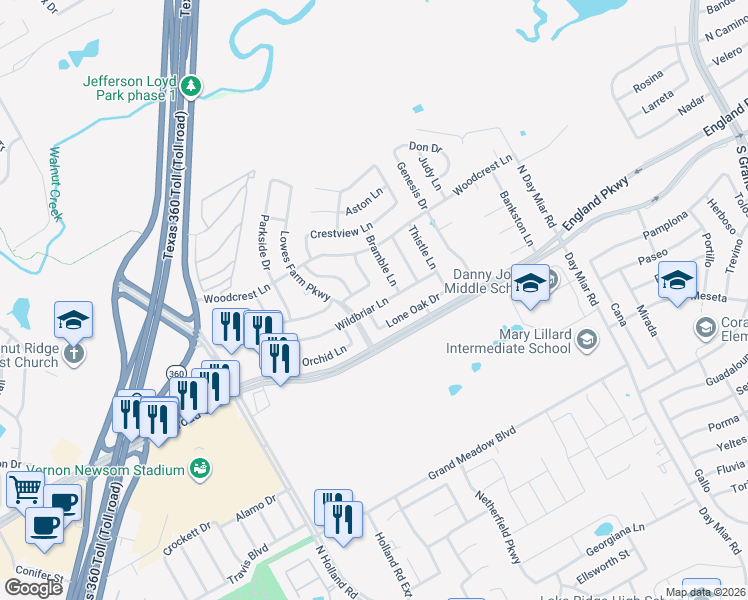 map of restaurants, bars, coffee shops, grocery stores, and more near 4207 Wildbriar Lane in Mansfield