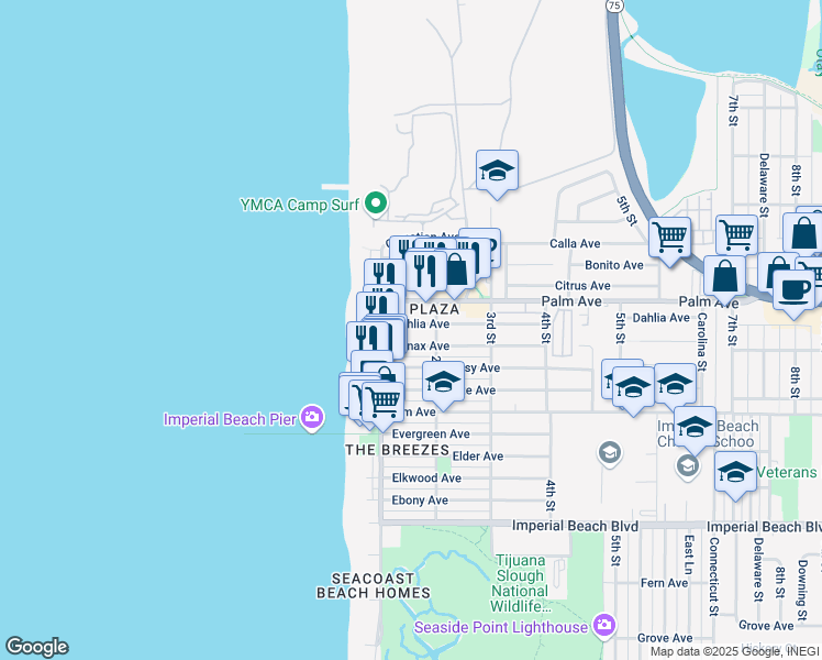 map of restaurants, bars, coffee shops, grocery stores, and more near 155 Dahlia Avenue in Imperial Beach
