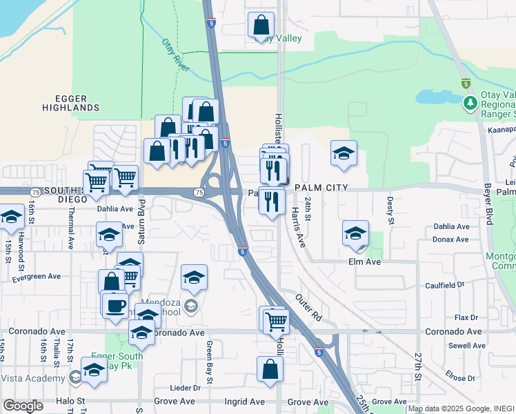 map of restaurants, bars, coffee shops, grocery stores, and more near 2263 Palm Avenue in San Diego