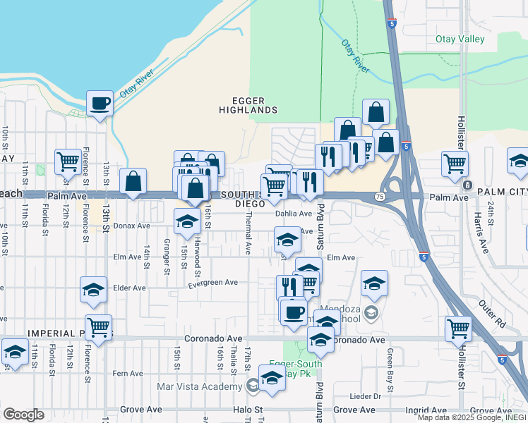 map of restaurants, bars, coffee shops, grocery stores, and more near 1738 Dahlia Avenue in San Diego