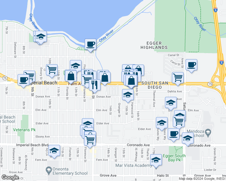map of restaurants, bars, coffee shops, grocery stores, and more near 1381 Palm Avenue in San Diego