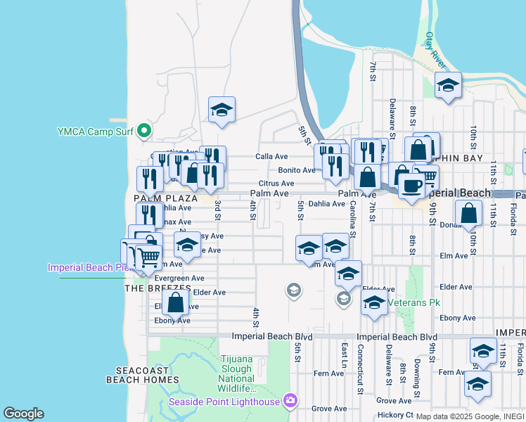 map of restaurants, bars, coffee shops, grocery stores, and more near 435 Sea Village Drive in Imperial Beach