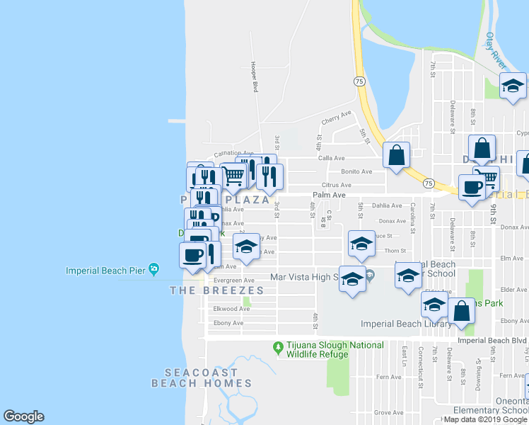 map of restaurants, bars, coffee shops, grocery stores, and more near 287 Dahlia Avenue in Imperial Beach