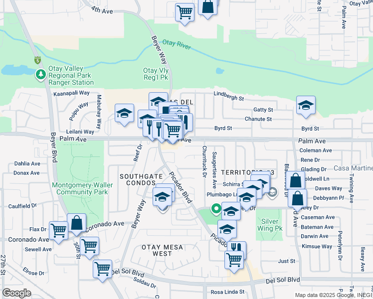 map of restaurants, bars, coffee shops, grocery stores, and more near 3443 Alonquin Way in San Diego