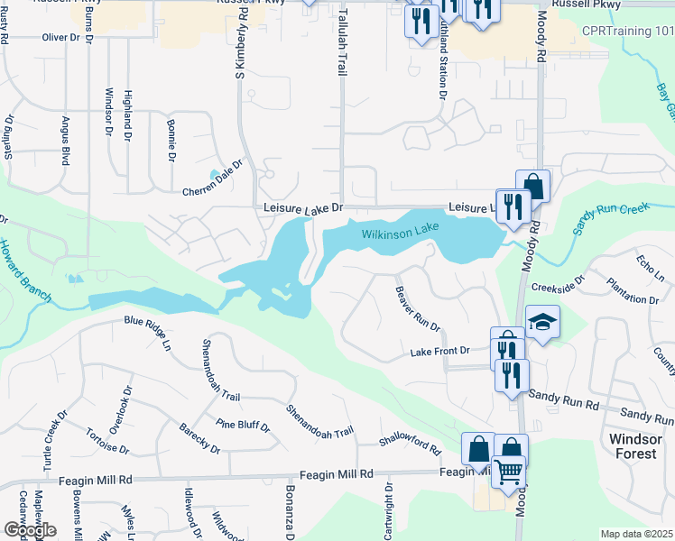 map of restaurants, bars, coffee shops, grocery stores, and more near 107 Lakewood Drive in Warner Robins
