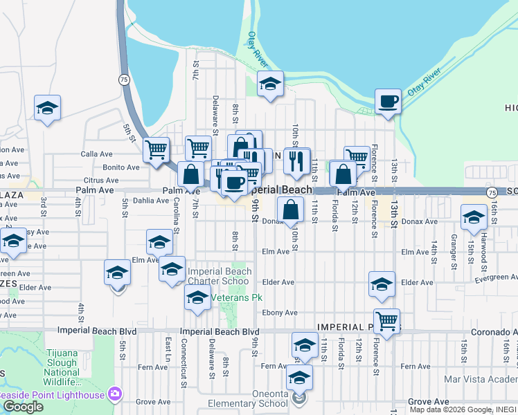 map of restaurants, bars, coffee shops, grocery stores, and more near 749 9th Street in Imperial Beach