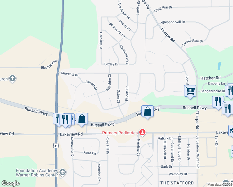 map of restaurants, bars, coffee shops, grocery stores, and more near 314 Oxton Court in Warner Robins
