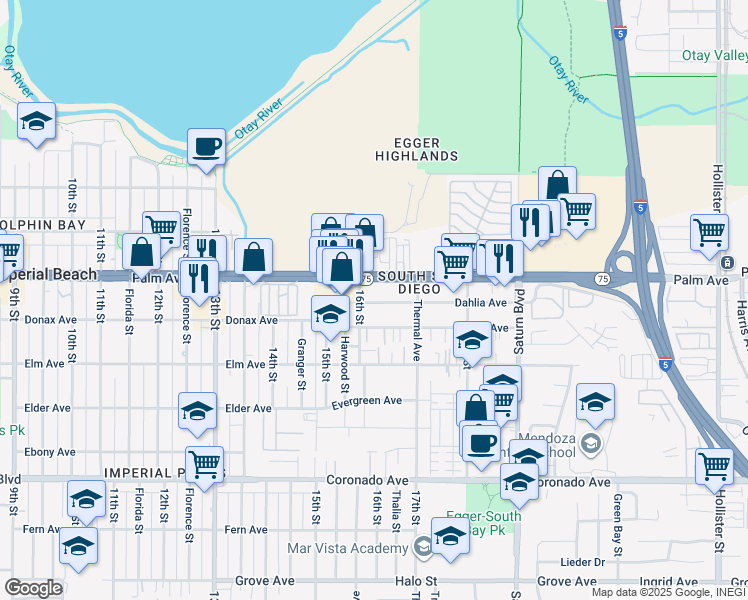 map of restaurants, bars, coffee shops, grocery stores, and more near 1612 Dahlia Avenue in San Diego