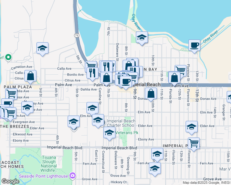 map of restaurants, bars, coffee shops, grocery stores, and more near 758 Delaware Street in Imperial Beach