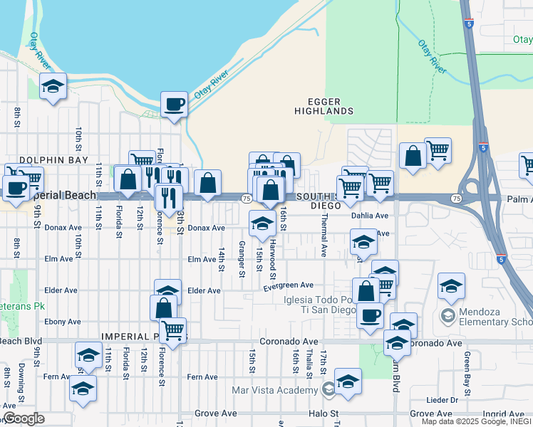 map of restaurants, bars, coffee shops, grocery stores, and more near 1541 Palm Avenue in San Diego