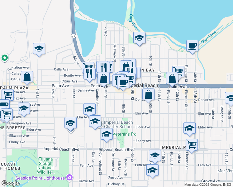 map of restaurants, bars, coffee shops, grocery stores, and more near 759 Delaware Street in Imperial Beach