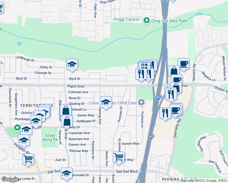map of restaurants, bars, coffee shops, grocery stores, and more near 755 Kedzie Avenue in San Diego