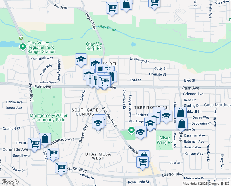 map of restaurants, bars, coffee shops, grocery stores, and more near 3431 Alonquin Way in San Diego