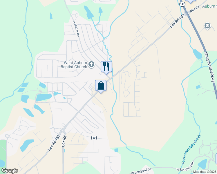 map of restaurants, bars, coffee shops, grocery stores, and more near 1957 County Road 137 in Auburn