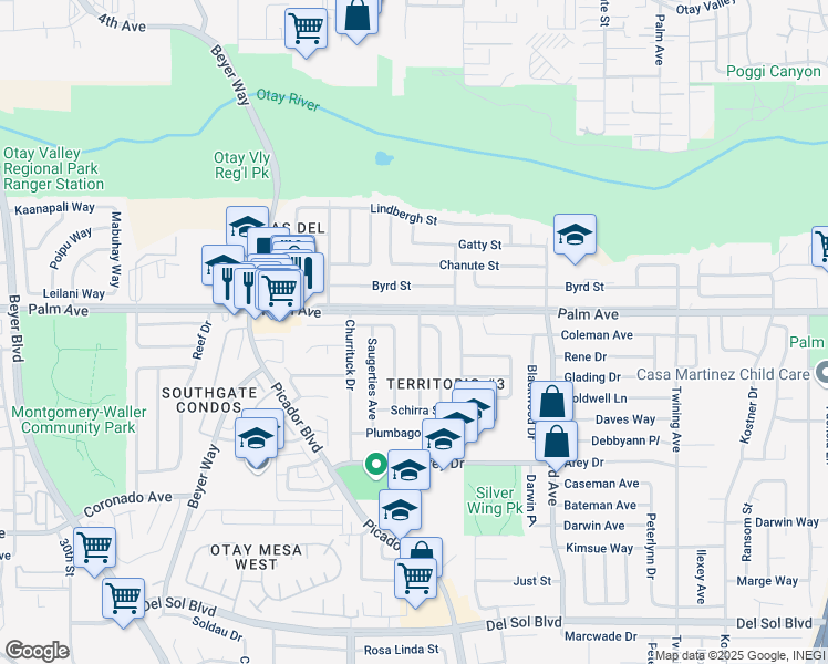 map of restaurants, bars, coffee shops, grocery stores, and more near 728 Grissom Street in San Diego