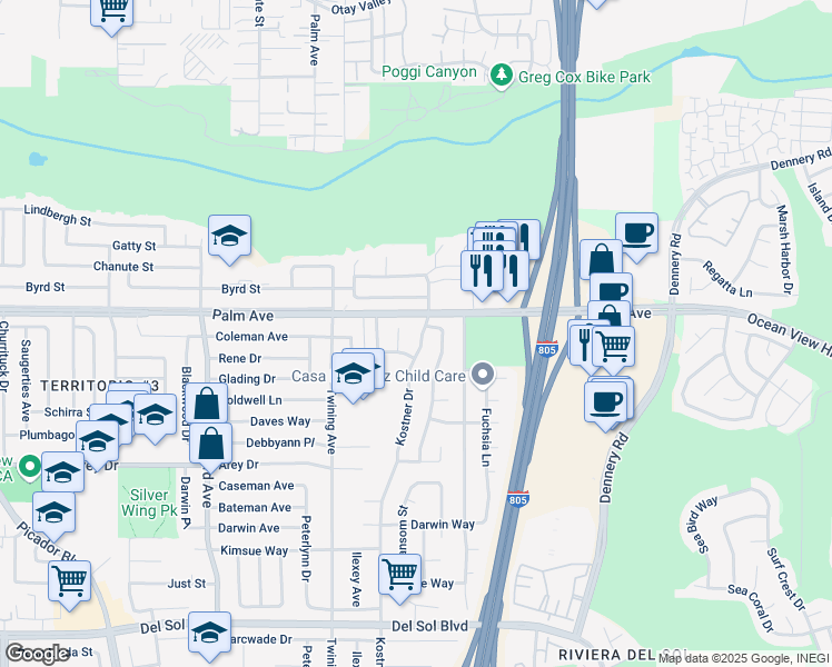 map of restaurants, bars, coffee shops, grocery stores, and more near 750 Kostner Drive in San Diego