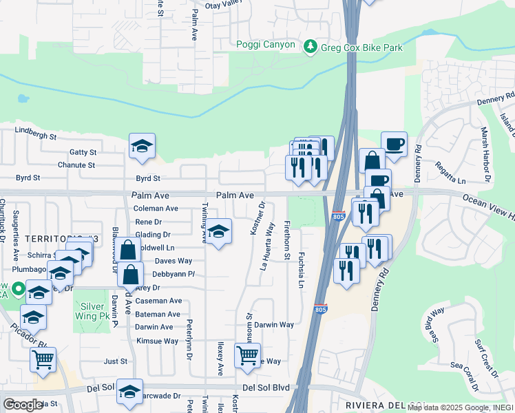 map of restaurants, bars, coffee shops, grocery stores, and more near 750 Kostner Drive in San Diego