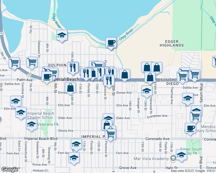 map of restaurants, bars, coffee shops, grocery stores, and more near 750 13th Street in Imperial Beach