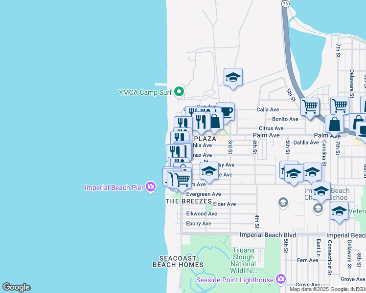 map of restaurants, bars, coffee shops, grocery stores, and more near in Imperial Beach