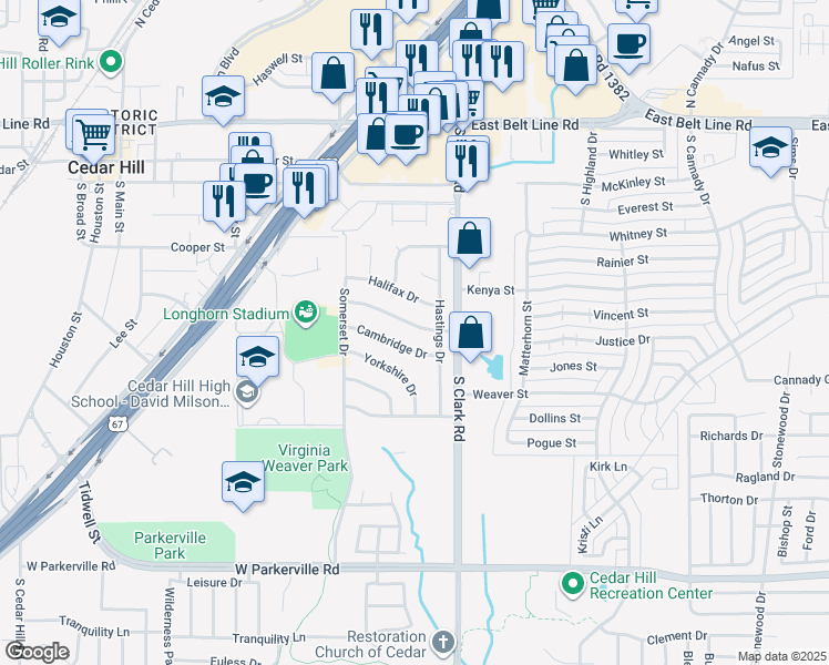 map of restaurants, bars, coffee shops, grocery stores, and more near 400 Hastings Drive in Cedar Hill