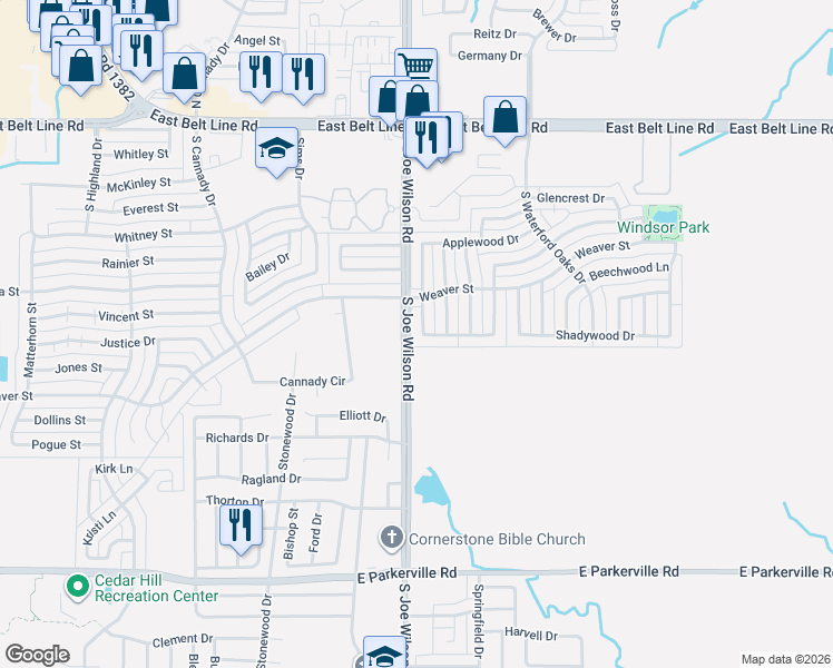 map of restaurants, bars, coffee shops, grocery stores, and more near 321 Birchwood Lane in Cedar Hill
