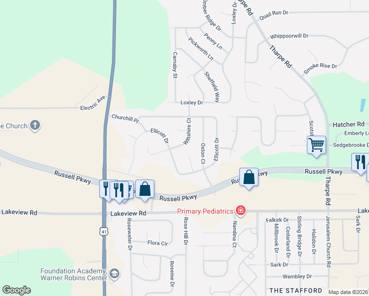 map of restaurants, bars, coffee shops, grocery stores, and more near 412 Wiltshire Court in Warner Robins