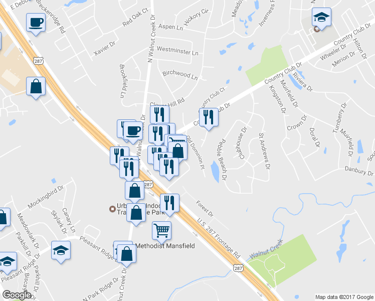 map of restaurants, bars, coffee shops, grocery stores, and more near 1090 Country Club Drive in Mansfield