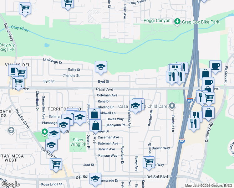 map of restaurants, bars, coffee shops, grocery stores, and more near 4058 Coleman Avenue in San Diego
