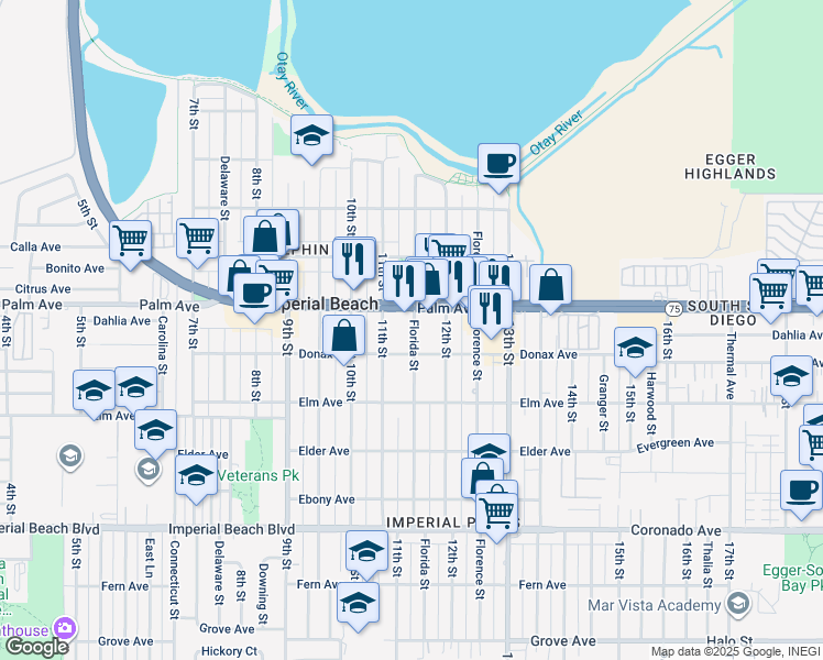 map of restaurants, bars, coffee shops, grocery stores, and more near 748 Florida Street in Imperial Beach