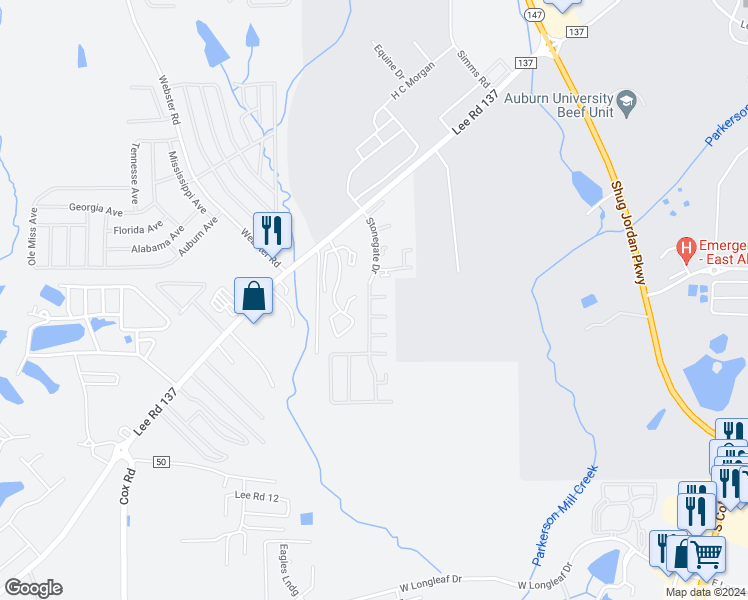 map of restaurants, bars, coffee shops, grocery stores, and more near 1100 Stonegate Drive in Auburn
