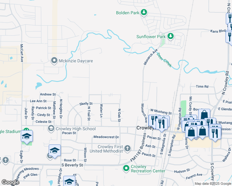 map of restaurants, bars, coffee shops, grocery stores, and more near 608 Race Street in Crowley