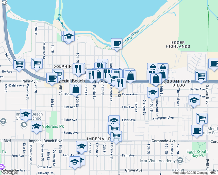 map of restaurants, bars, coffee shops, grocery stores, and more near 736 Florence Street in Imperial Beach
