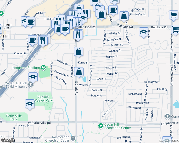 map of restaurants, bars, coffee shops, grocery stores, and more near 424 Matterhorn Street in Cedar Hill