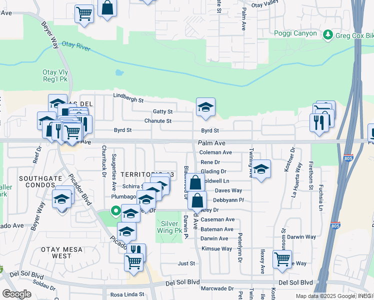 map of restaurants, bars, coffee shops, grocery stores, and more near 3862 Coleman Avenue in San Diego
