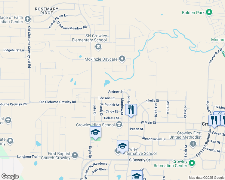 map of restaurants, bars, coffee shops, grocery stores, and more near 1128 Andrew Street in Crowley