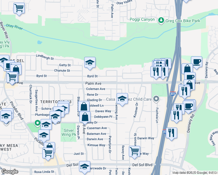 map of restaurants, bars, coffee shops, grocery stores, and more near 4058 Coleman Avenue in San Diego