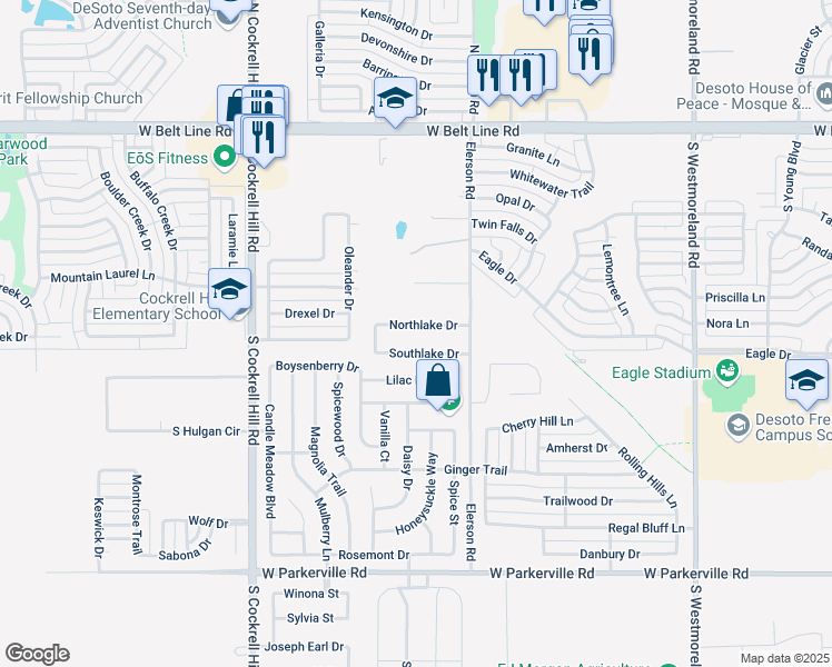 map of restaurants, bars, coffee shops, grocery stores, and more near 1108 Northlake Dr in DeSoto