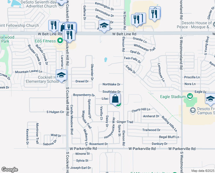 map of restaurants, bars, coffee shops, grocery stores, and more near 1108 Northlake Drive in DeSoto