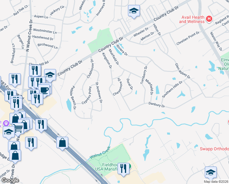 map of restaurants, bars, coffee shops, grocery stores, and more near 1003 Chasemore Drive in Mansfield