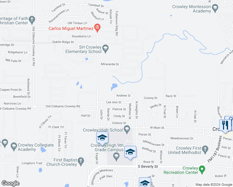 map of restaurants, bars, coffee shops, grocery stores, and more near 1204 Andrew Street in Crowley