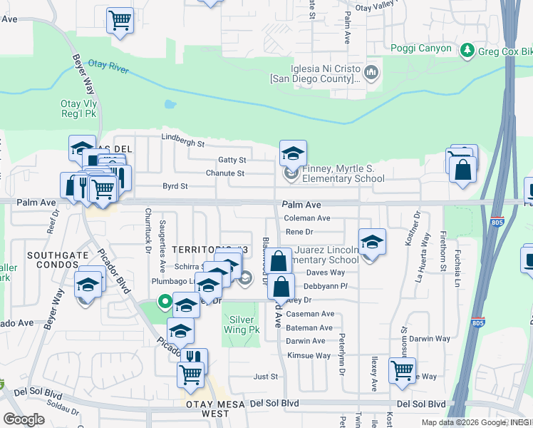 map of restaurants, bars, coffee shops, grocery stores, and more near 3862 Coleman Avenue in San Diego