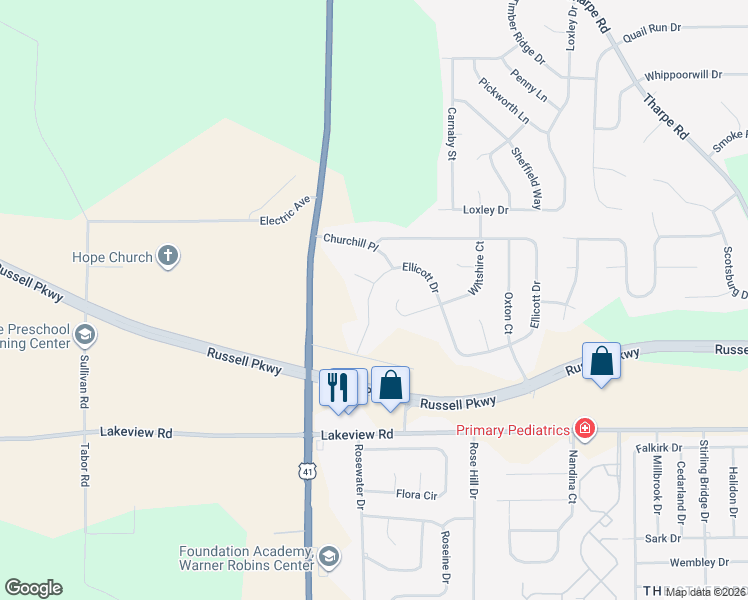 map of restaurants, bars, coffee shops, grocery stores, and more near 312 Ellicott Drive in Warner Robins