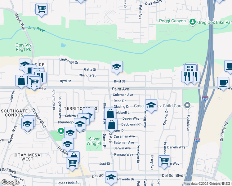 map of restaurants, bars, coffee shops, grocery stores, and more near 3936 Coleman Avenue in San Diego