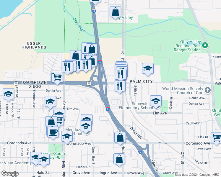 map of restaurants, bars, coffee shops, grocery stores, and more near 2263 Palm Avenue in San Diego
