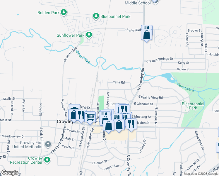 map of restaurants, bars, coffee shops, grocery stores, and more near 301 East Hampton Road in Crowley