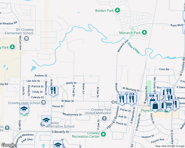 map of restaurants, bars, coffee shops, grocery stores, and more near 614 Race Street in Crowley